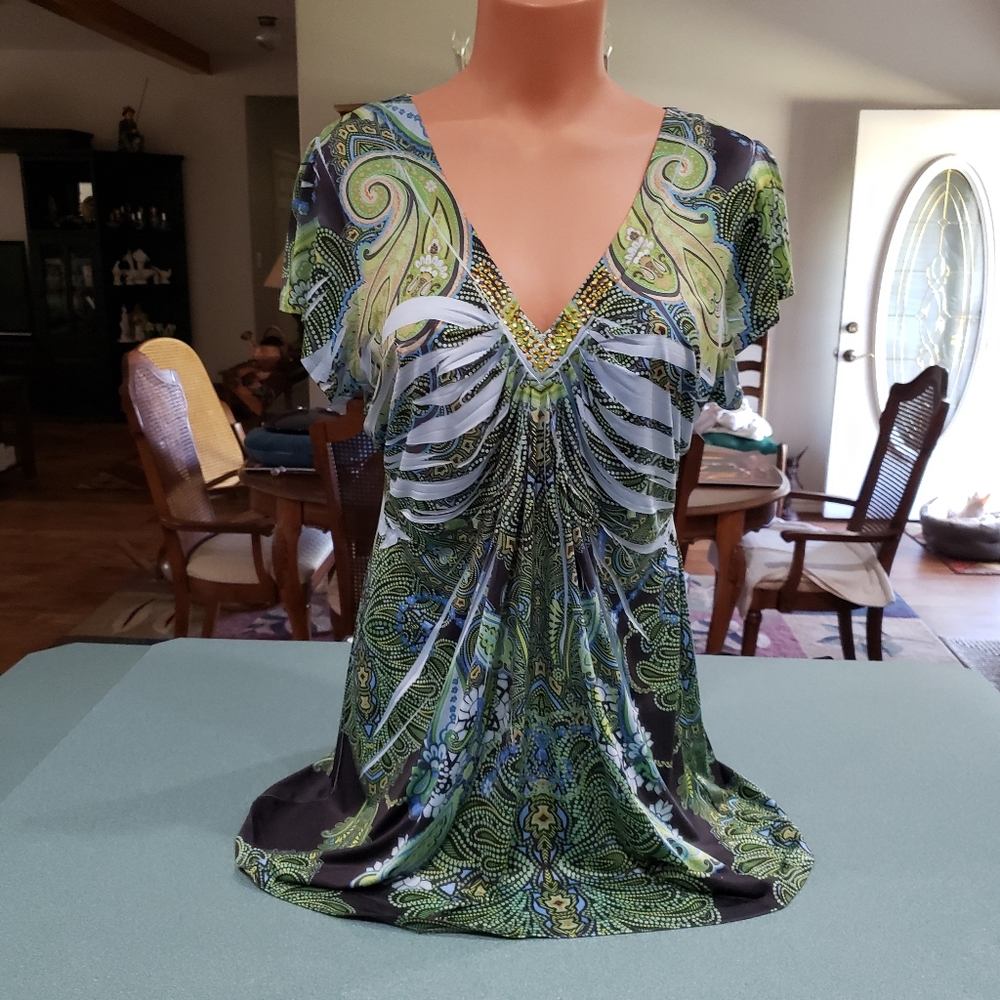 ONE WORLD Green and Blue Paisley Top Y2K Sublimation Fairy